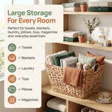 Large Multipurpose Handwoven Water Hyacinth Wicker Basket, Ideal for Organizing and Storing Towels Outdoors, and for Bedroom Use, Living Room, Bathroom, and Laundry Room
