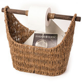 Vintiquewise Seagrass Decorative Bathroom Basket – Handwoven Magazine Rack, Storage Organizer for Small Essentials, Washcloths and Toiletries, with Wooden Rod Toilet Paper Holder for Easy Dispensing