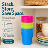 7 oz Reusable Plastic Drinking Tumblers, 6-Piece Kids Party Cup Set, Assorted Red Green Blue, Two of Each for Home Meals Picnics Outdoor Use