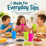 7 oz Reusable Plastic Drinking Tumblers, 6-Piece Kids Party Cup Set, Assorted Red Green Blue, Two of Each for Home Meals Picnics Outdoor Use