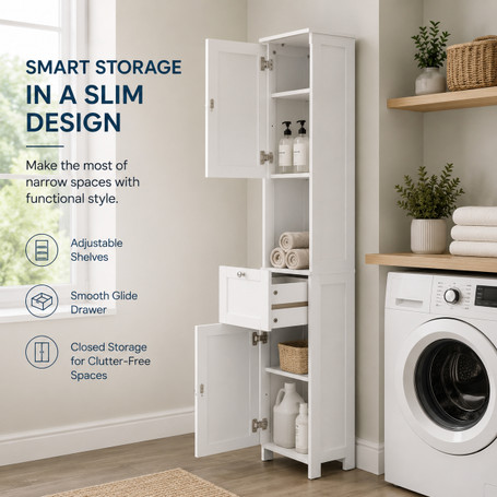 White Tall Standing Bathroom Linen Tower Storage Cabinet for Bathroom and Vanity