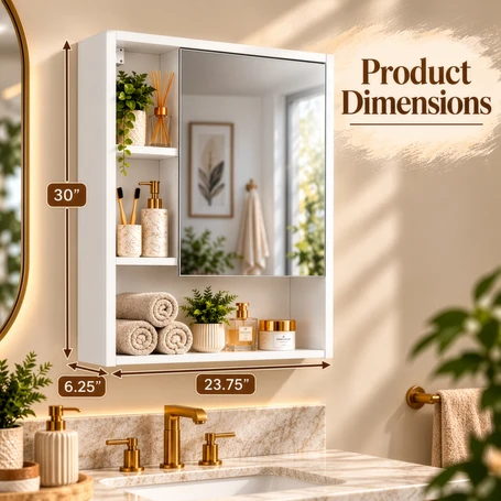 Wall Mount Bathroom Mirrored Storage Cabinet with Open Shelf | 2 Adjustable Shelves Medicine Organizer Storage Furniture for Bathrooms, Kitchens, and Laundry Room