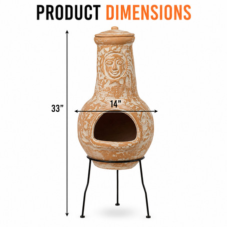 Outdoor Clay Chiminea Fireplace Sun Design Wood Burning Fire Pit with Sturdy Metal Stand, Barbecue, Cocktail Party, Cozy Nights Fire Pit
