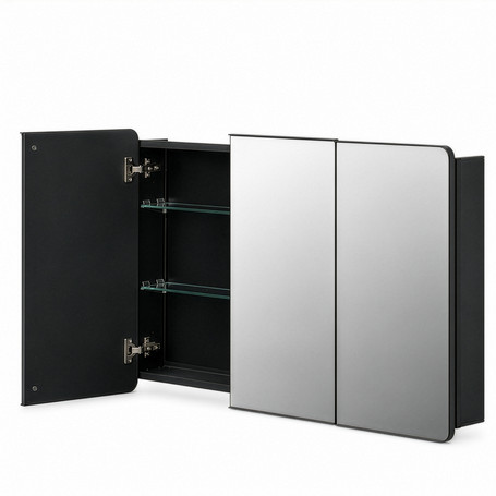 Basicwise 3-Door Aluminum Bathroom Medicine Cabinet, Round Corner Framed Door - Versatile Recessed Medicine Cabinet or Surface Mount, Mirrored Door Cabinet with Adjustable Glass Shelves, Matte Black
