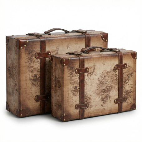 Old World Map Leather Vintage Style Suitcase with Straps-Set of 2