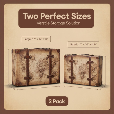 Old World Map Leather Vintage Style Suitcase with Straps-Set of 2