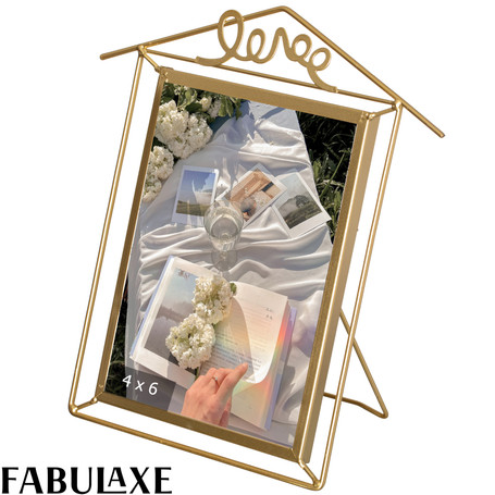 Fabulaxe Decorative Gold Metal Floating Picture Frame Vertical & Horizontal Photo Display with Easel Back for Tabletop Shelf Desk Mantel Home Office Living Room Bedroom Wedding & Event Décor