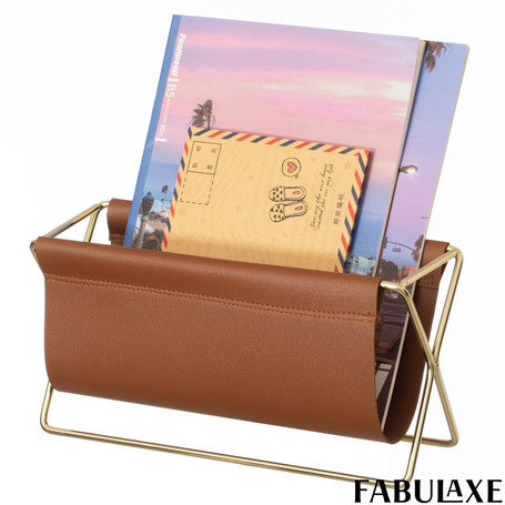 Fabulaxe Gold-Tone Metal Magazine Rack with Brown Faux Leather Sling Freestanding Organizer for Magazines Newspapers & Files