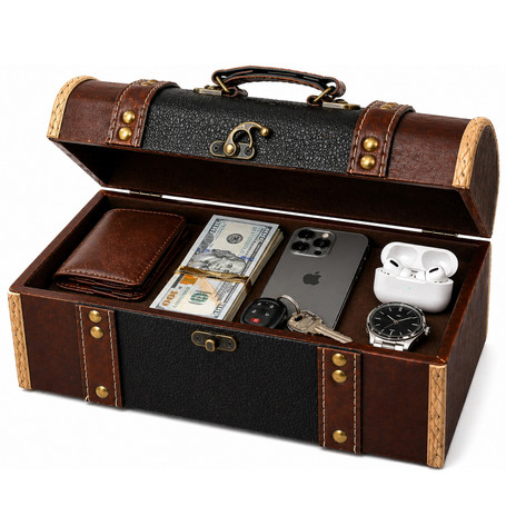 Vintage Inspired Decorative Wooden Treasure Chest and Shoe Box with Handle and Strap Ideal as Keepsake Box, Jewelry Box, Photo Storage Box for Shelves, Dresser or Table Top