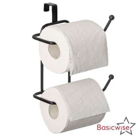 Basicwise Over-the-Side Tank Double Toilet Paper Holder Compact Modern Bathroom Organizer Practical Storage Rack for Extra Rolls Offering Quick & Easy Access for Everyday Use Neat Space Accent, Black