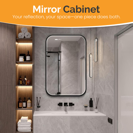 Basicwise Plastic Medicine Cabinet Recessed or Surface Wall Mount Rectangular Design with Rounded Corners and Mirrored Door Frame Bathroom Storage for Everyday Organization