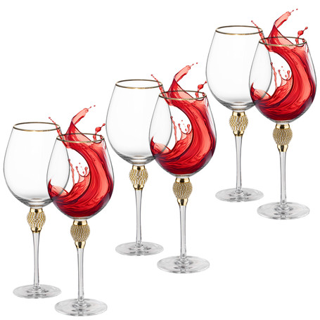Set of 6 Red Wine Glasses with Diamond Rhinestone Accent - 18 oz, 10 Inches Tall - Perfect Toasting Glasses for Bride and Groom, Great for Party, Wedding Anniversary and Special Occasion