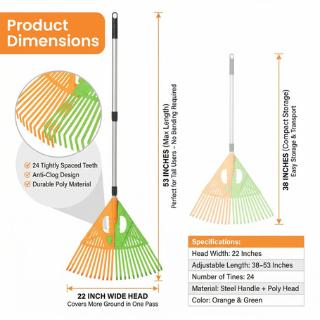 Gardenised Extendable Long-Handle Leaf Grabber Rake Broom for Leaves Grass and Yard Debris Perfect for Routine Garden Cleanup and Daily Outdoor Maintenance