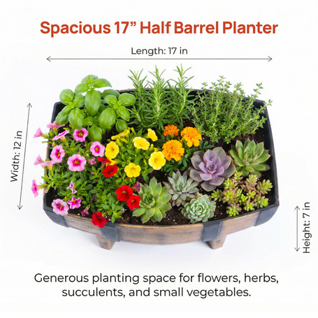 Gardenised 2-Piece Rectangular Half Barrel Flower Pots Rustic Farmhouse Style Faux Wood Planter Containers for Indoor & Outdoor Use Perfect for Displaying Decorative Garden Florals Herbs & Succulents