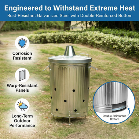 Silver Outdoor Galvanized Metal Garden Incinerator Can, for Yard, Patio, and Backyard