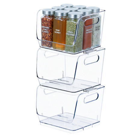 Basicwise Set of 3 Open-Front Clear Storage Bins with Easy-Grip Handles Stackable Transparent Plastic Organizer Container for Pantry Cabinet Refrigerator Drawers Closets & Shelf Organization