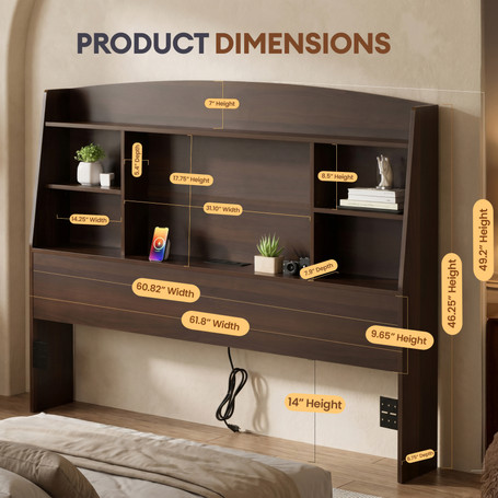 Basicwise 62" Queen Storage Headboard with Open Shelving and Built-In Cable Management Multi-Section Organizer for Books Devices and Nighttime Essentials Space-Saving Bedroom Setup for Easy Access
