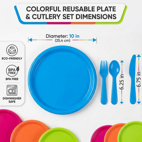 Basicwise 64-Piece Reusable Plastic Dinnerware Set for 16 – Microwavable & Dishwasher Safe Assorted Color Plates and Cutlery for Party, Picnic, Camping, Garden BBQ, Outdoor Gathering & Everyday Dining