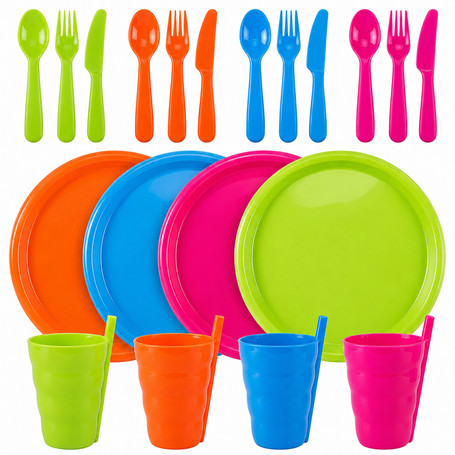 Basicwise 20-pc Reusable Plastic Dinnerware Set for 4 – Microwavable & Dishwasher Safe Assorted Color Plates, Cups, and Cutlery for Party, Picnic, Camping, Outdoor Gathering & Everyday Dining