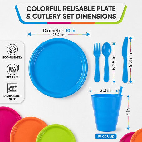 Basicwise 20-pc Reusable Plastic Dinnerware Set for 4 – Microwavable & Dishwasher Safe Assorted Color Plates, Cups, and Cutlery for Party, Picnic, Camping, Outdoor Gathering & Everyday Dining