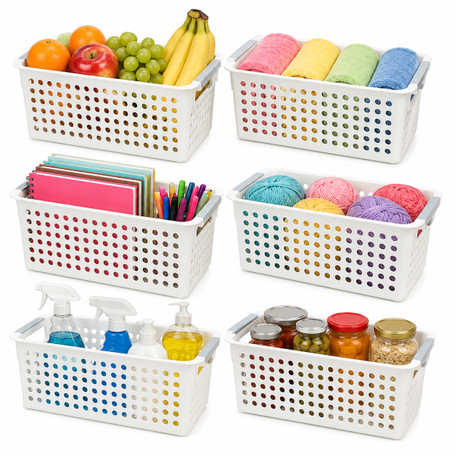 White Rectangular Plastic Shelf Organizer Basket with Handles