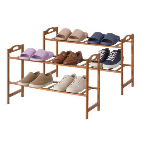 Basicwise Bamboo Shoe Rack with Open Shelves Set of 2 Natural Footwear Organizer & Shoe Stand for Entryway Bedroom Closet Hallway and Small Space Organization Freestanding Floor Storage