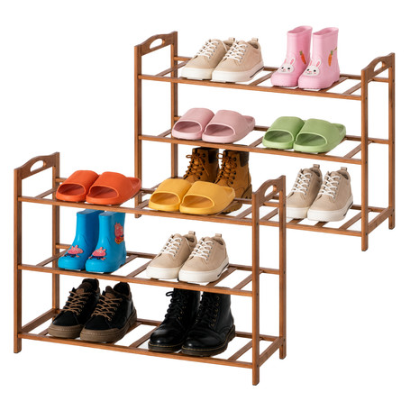 Basicwise Bamboo Shoe Rack with Open Shelves Set of 2 Natural Footwear Organizer & Shoe Stand for Entryway Bedroom Closet Hallway and Small Space Organization Freestanding Floor Storage
