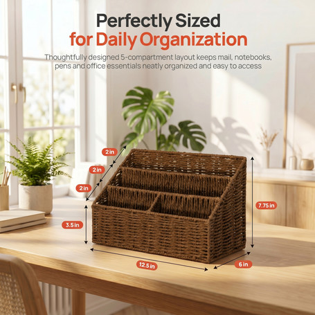 Wickerwise Handwoven Paper Rope Desktop Organizer for Mail & Files