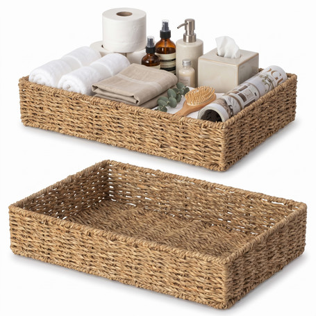 Wickerwise Set of 2 Handwoven Decorative Seagrass Storage Baskets