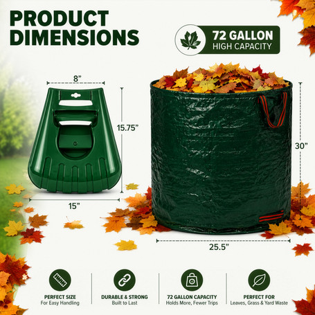 Gardenised 72-gallon Heavy-Duty Self-Standing Collapsible Leaf Bag with Handle and Sturdy Scoop for Leaves - Portable Yard Grass Clipping Rake, Garden Debris Grabber for Lawn Care and Outdoor Cleanup