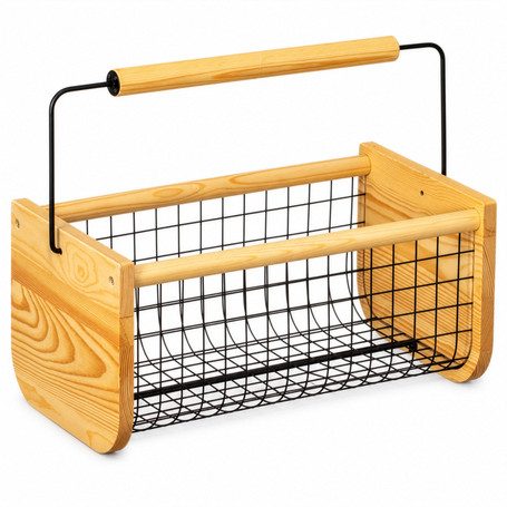 Gardenised Vintage Harvest Basket Pine Wood & Metal Mesh Wire Design Wooden Frame with Straight Handle for Fruits Vegetables Kitchen Organization Decorative Storage Home Décor & Garden Display