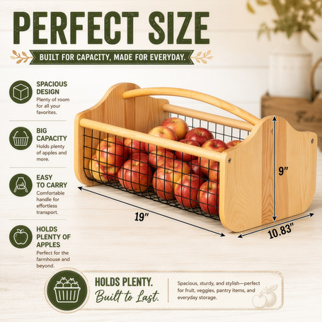 Gardenised Vintage Harvest Basket Pine Wood & Metal Mesh Wire Design Wooden Frame with Straight Handle for Fruits Vegetables Kitchen Organization Decorative Storage Home Décor & Garden Display