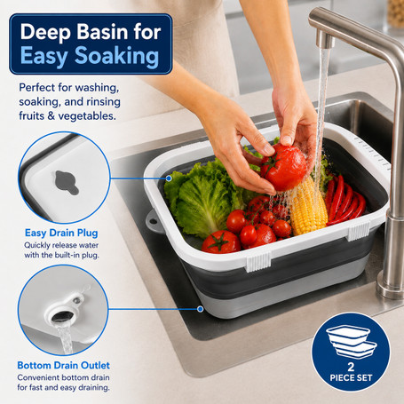Basicwise Collapsible Wash Basin with Drain Plug Space-Saving Dish Tub
