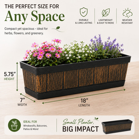 Outdoor and Indoor Rectangle Trough Plastic Planter Box, Vegetables or Flower Planting Pot, Brown