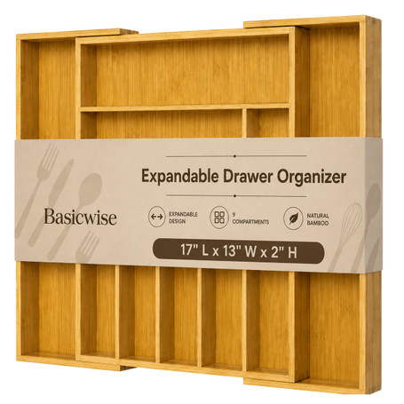Basicwise Expandable Bamboo Cutlery Tray and Kitchen Drawer Organizer