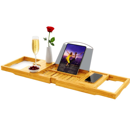 Basicwise Bathtub Caddy Expandable Bath Tray with Book & Wine Glass Holder