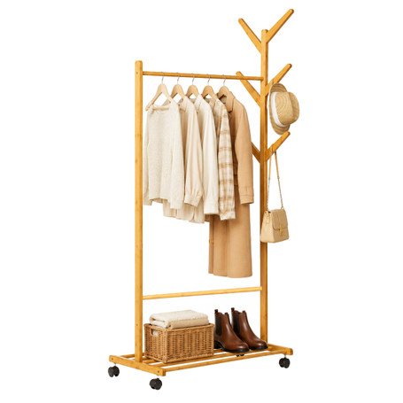 Basicwise Bamboo Garment Rack with Hanging Rod, Hooks & Bottom Shoe Shelf