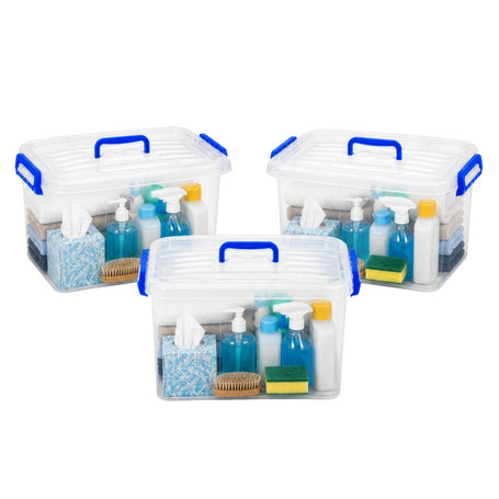Basicwise Clear Tote with Latching Lid - Stackable Plastic Organizer Bin, Durable Container for Home, Office, or Closet - Built-In Handles, Transparent Design, Modern Style, Large Capacity