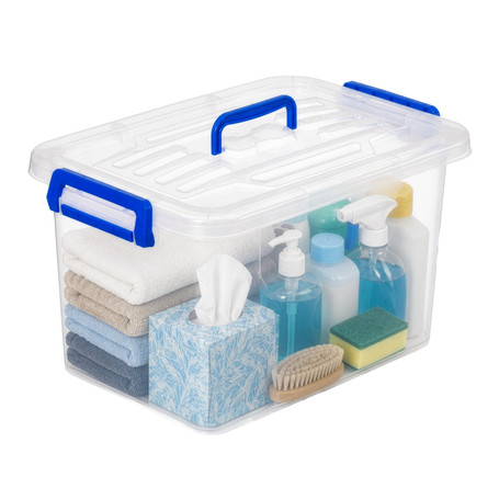Basicwise Clear Tote with Latching Lid - Stackable Plastic Organizer Bin, Durable Container for Home, Office, or Closet - Built-In Handles, Transparent Design, Modern Style, Large Capacity