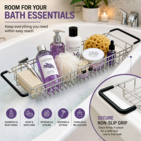 Expandable Metal Bathtub Caddy With, Rubber Handles