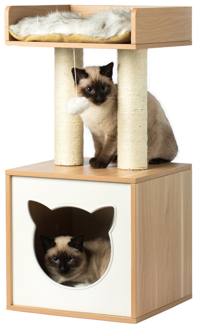 Cat Tree Play House Condo Cube Cave, Platform, Scratcher Post and Ball Toy