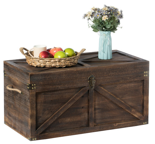 Brown Large Wooden Lockable Trunk Farmhouse Style Rustic Design Lined Storage Chest with Rope Handles