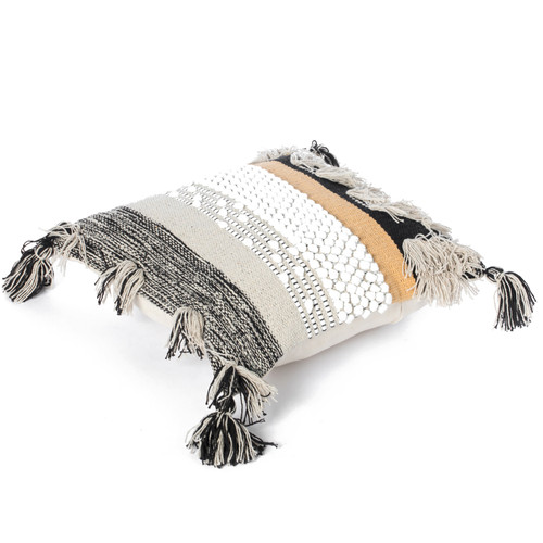 Deerlux 16 Handwoven Cotton Throw Pillow Cover with White Tufted Line Pattern and Tassel Corners with Filler, White