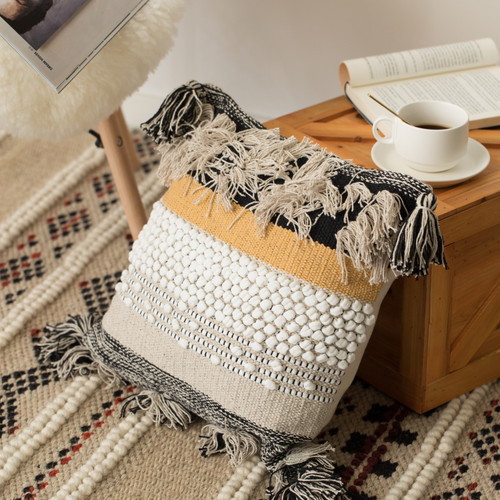 Deerlux 16 Handwoven Cotton Throw Pillow Cover with White Tufted Line Pattern and Tassel Corners with Filler, White