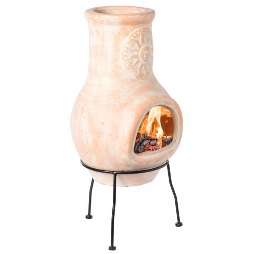 Outdoor Clay Chiminea Sun Design Charcoal Burning Fire Pit with Metal Stand