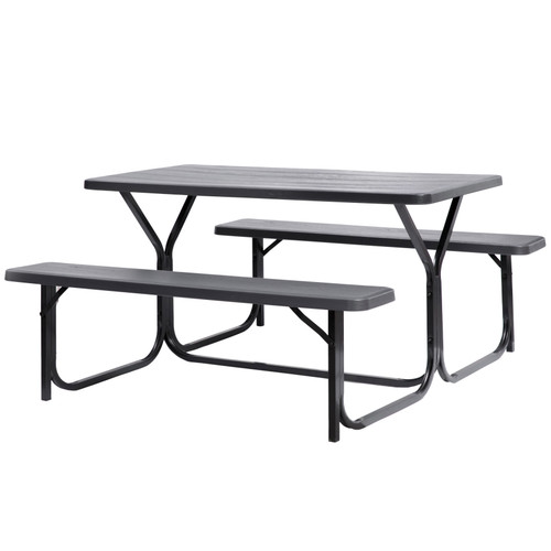 Outdoor Woodgrain Picnic Table Set with Metal Frame, Gray