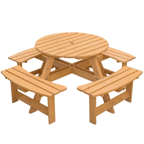 Wooden Outdoor Patio Garden Round Picnic Table with Bench, 8 Person