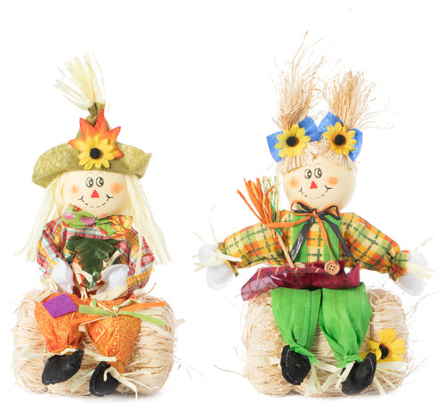 Scarecrow Boy and Girl Set Sitting on a Hay Bale