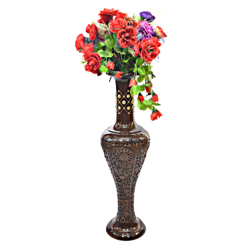 Antique Decorative Brown Hand Curved Mango Wood Floor Flower Vase with Unique Textured Pattern, 30 Inch