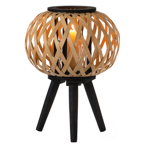 Modern Black, Natural Bamboo Candle Decorative Trellis Design Lantern with Stand